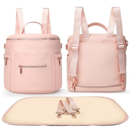 miss fong Pink Diaper Bag Backpack Baby Diaper Bag, Large Leather Diaper Backpack with 16 Pockets Travel Diaper Bag with Diaper Changing Pad,Pink Baby Backpack Stroller Straps & 2 Insulated Pockets | Amazon (US)