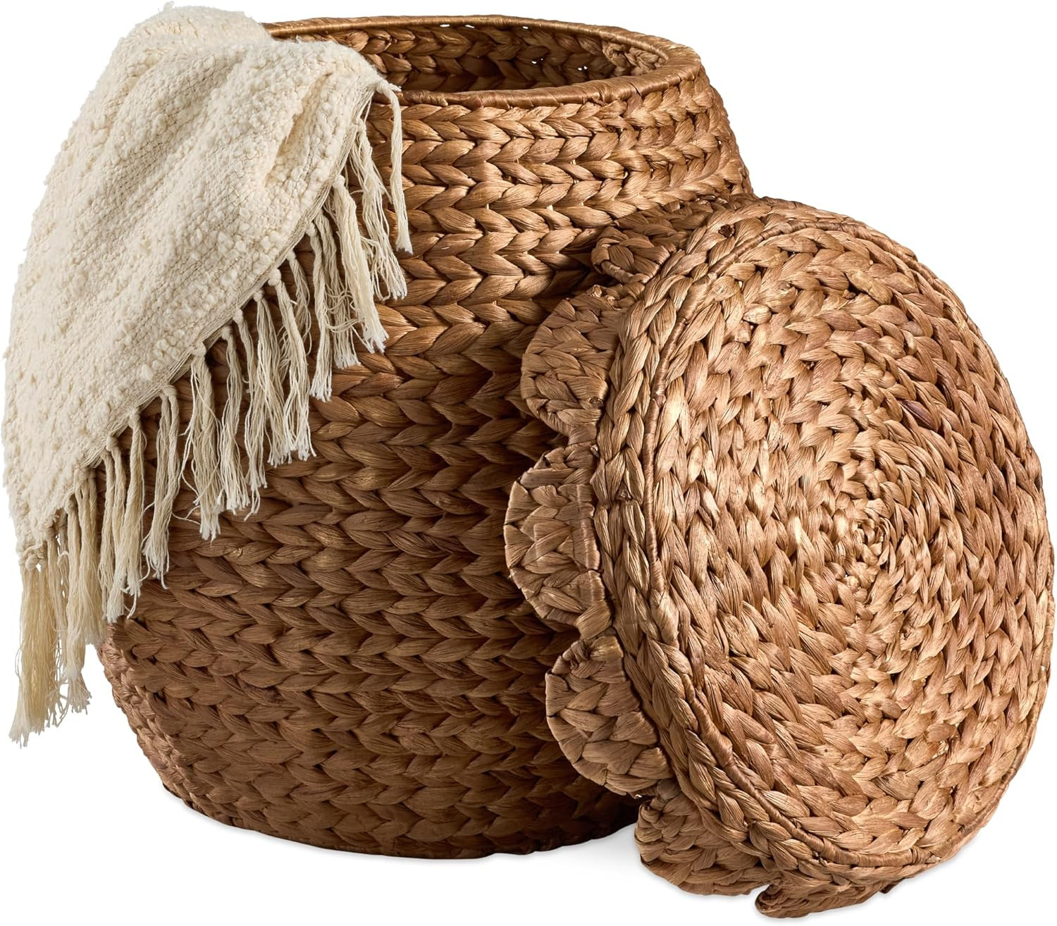 Best Choice Products Scalloped Multipurpose Hyacinth Storage Basket, Plant Décor, Handwoven Organizer Tote for Bedroom, Living Room, Nursey, w/Lid - Chestnut | Amazon (US)