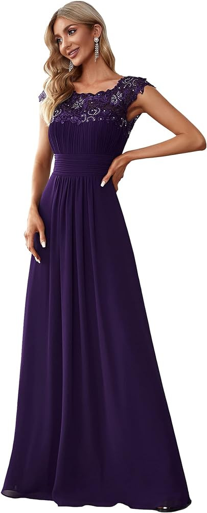 Ever-Pretty Women's Cap Sleeve Ruched Lace Round Neck Chiffon Formal Evening Gowns 09993-US | Amazon (US)