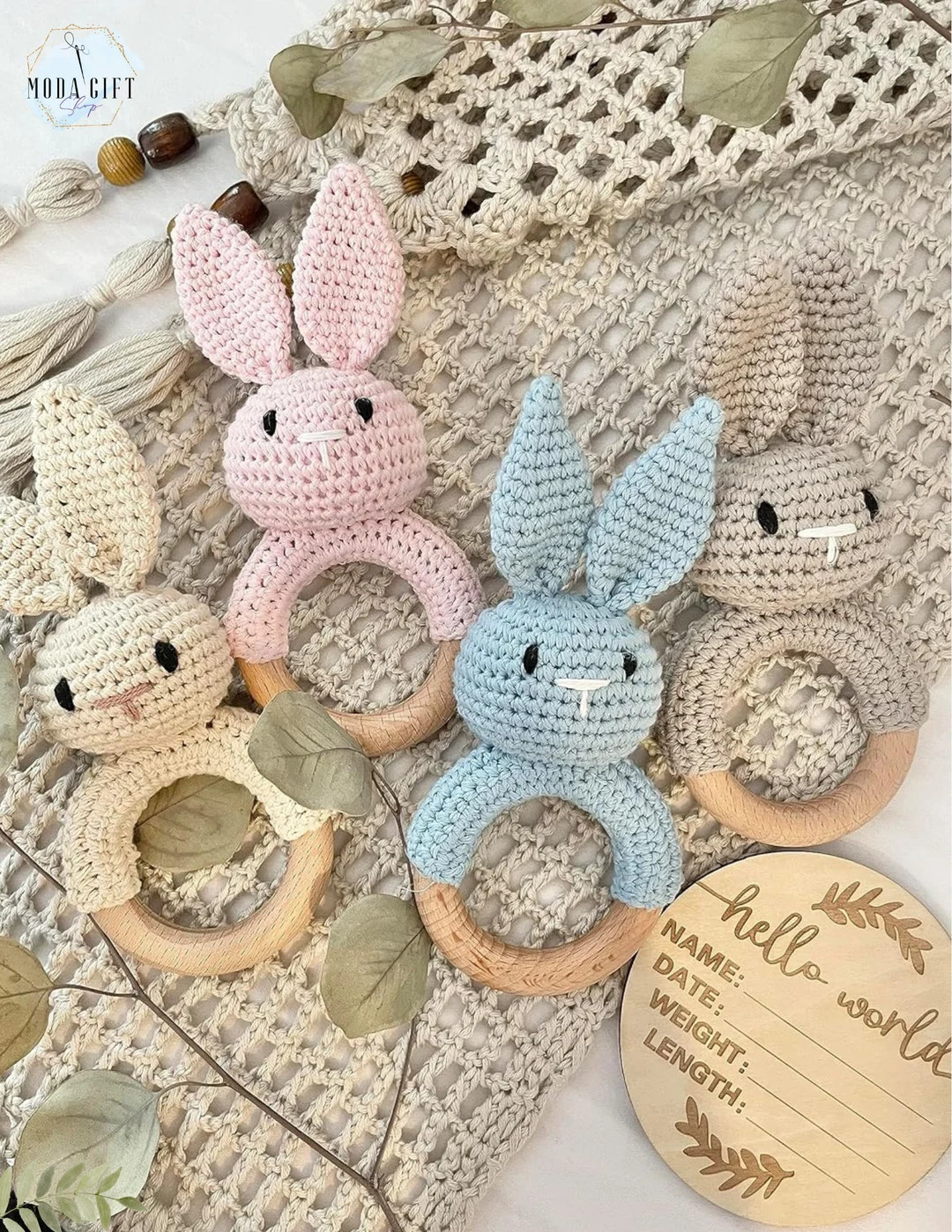 Baby Easter Gift Rattle and Teether Toy Handmade Crochet, Safe and Non-Toxic Beechwood, Sensory D... | Etsy (US)