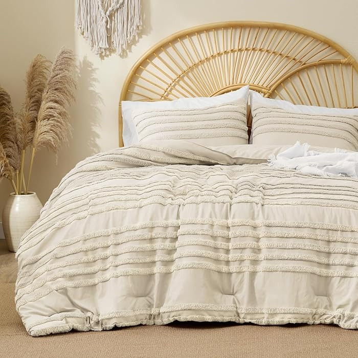 BEDELITE Boho Comforter Set Queen Size, Beige Tufted Striped Bed Set 3 Pieces, Soft Vintage Farmh... | Amazon (US)