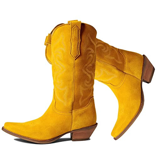 LEHOOR Yellow Cowboy Boots Women Embroidered Knee High Western Boots Yellow Chunky Stacked Heel Pointed Toe Pull On Yellow Mid Calf Cowgirl Boot V Cut Suede Vintage Fall Winter Boot Suede Yellow 7.5 | Amazon (US)