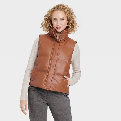 Women's Faux Leather Puffer Vest - A New Day™ Tan XL | Target