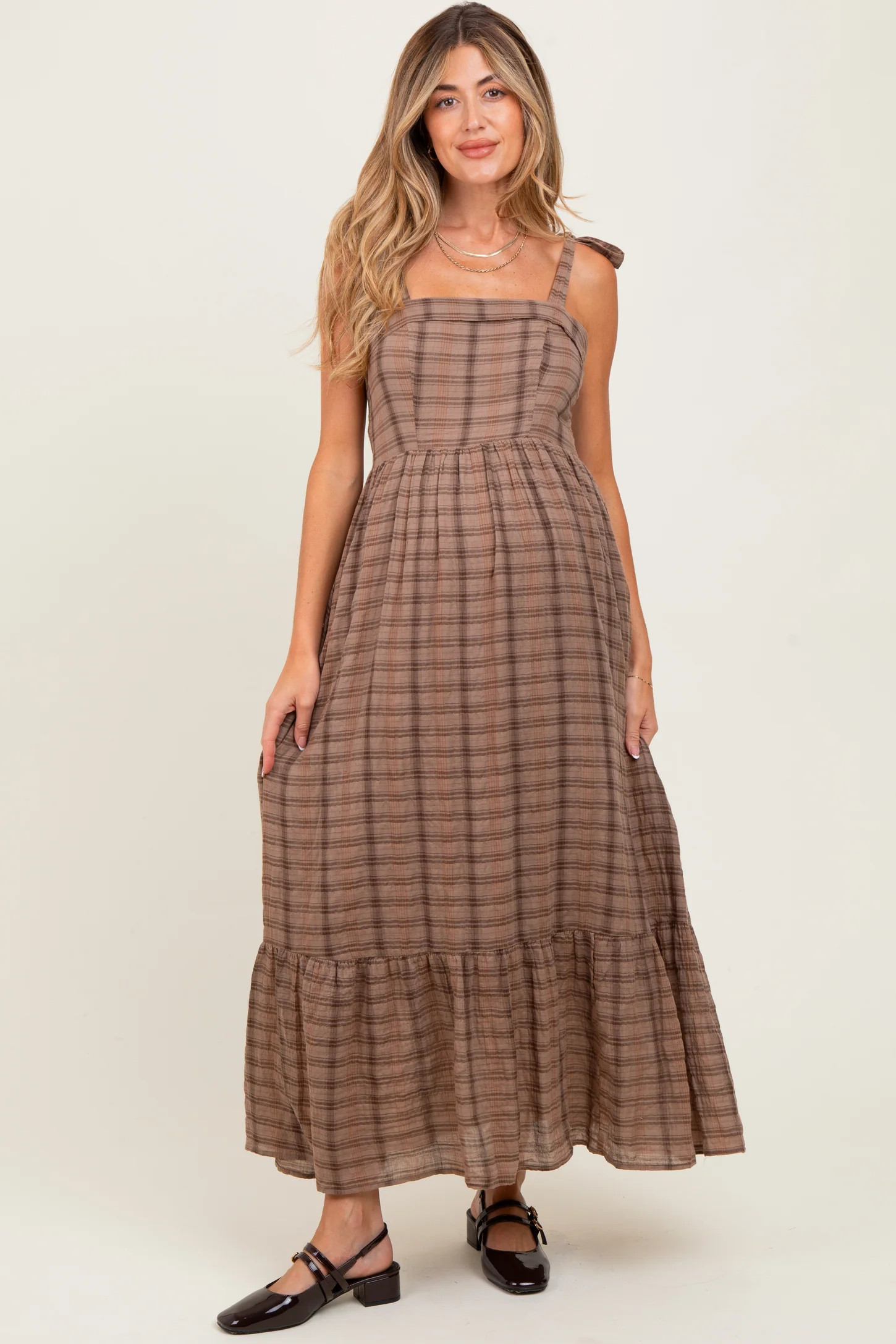 Mocha Plaid Sleeveless Cotton Maternity Maxi Dress | PinkBlush Maternity