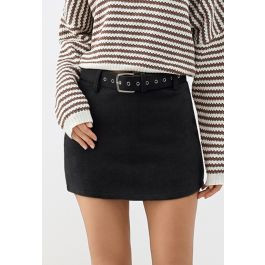 Minimalist Faux Suede Belt Mini Bud Skirt in Black | Chicwish