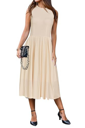 Newshows Women 2025 Work Dress Sleeveless Crew Neck Office Business Casual Outfits Midi Elegant Dresses with Pockets(Beige,S) | Amazon (US)