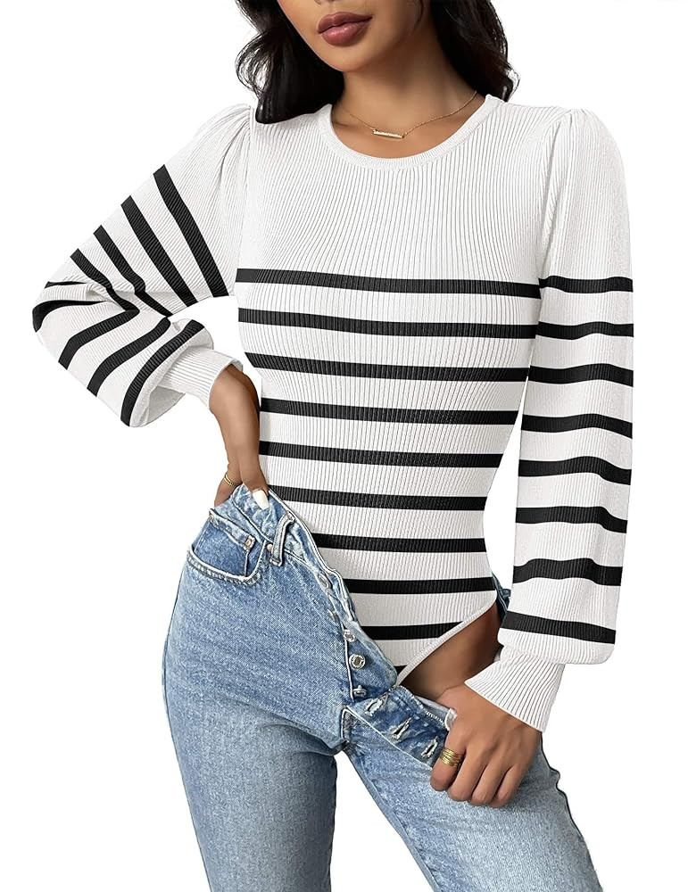 Zeagoo Women 2025 Long Puff Sleeve Sweater Fall Slim Fit Pullover Tops Crewneck Ribbed Knit Bodys... | Amazon (US)