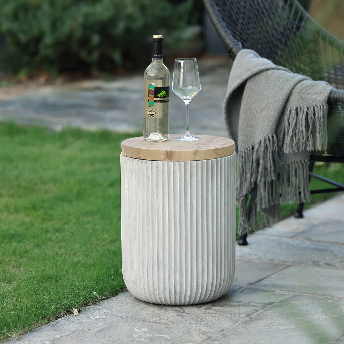 Tommen 17.4" H Cement Patio Table with Storage, Fluted Round End Table | Wayfair North America