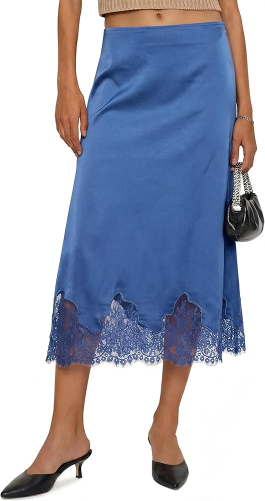 Cicy Bell Womens Silk Satin Midi Skirts Casual Dressy Lace Hem High Waisted A-Line Skirt Elegant ... | Amazon (US)