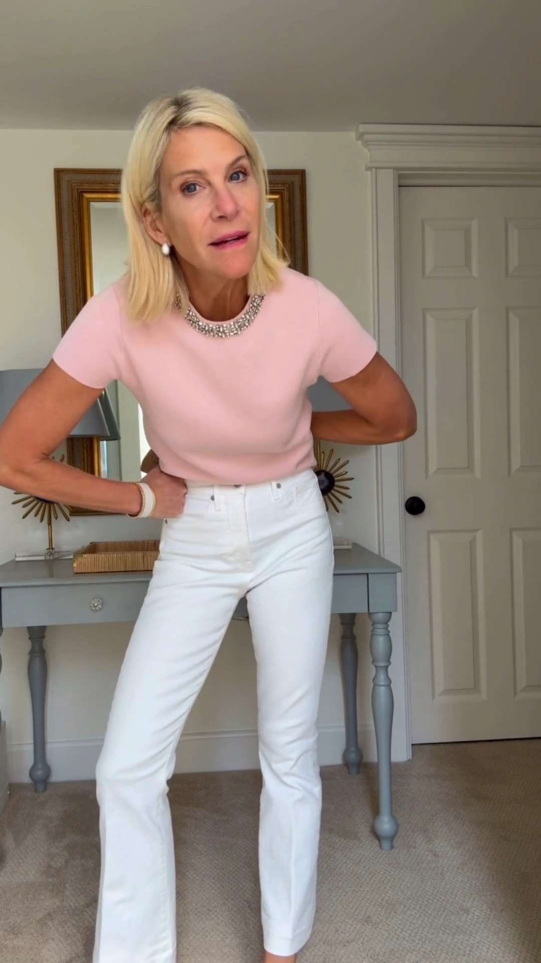 Pink Embellished Top with White Jeans Outfit 

 #LTKootd #LTKSeasonal #LTKOver40