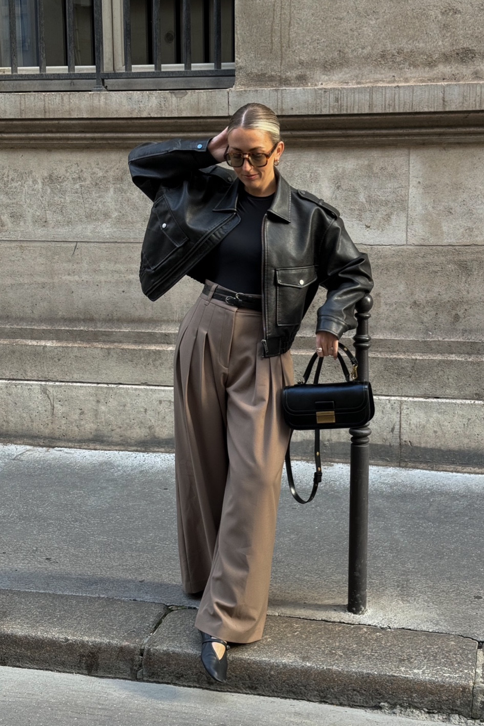 Leather jacket autumn outfit 🖤🍂

Pleated trousers, wide leg trousers, autumn looks, top handle bag 

#LTKstyletip #LTKautumn #FashionMonth