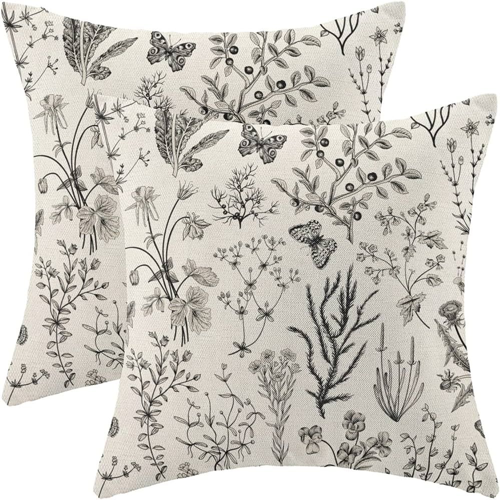 Spring Pillow Covers 16x16 Inch Set of 2,Black Gray Wild Flower Plant Throw Pillows Case,Seasonal... | Amazon (US)