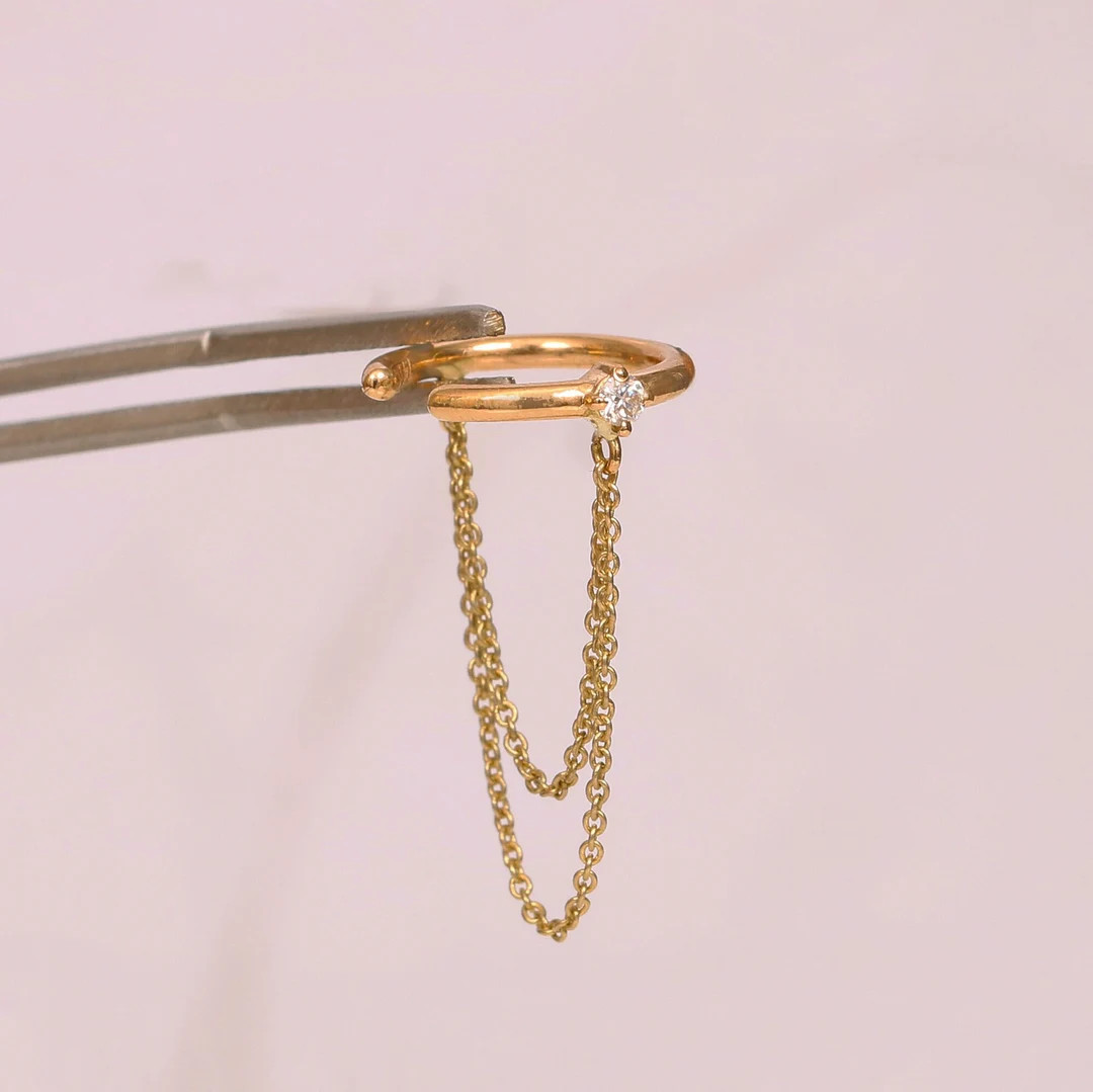 Diamond Cuff Chain Earring, 14k Gold Cartilage Earring, Solitaire Diamond Open Ear Cuff, Without ... | Etsy (US)