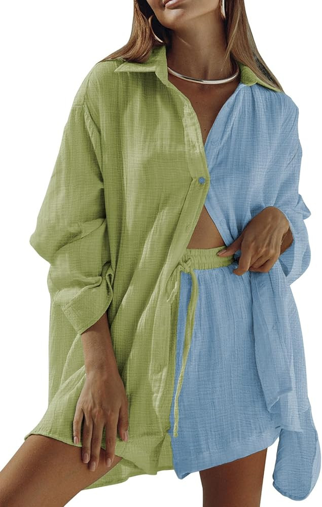 Fixmatti Women 2 Piece Outfits Long Sleeve Button Down Blouse and Shorts Sweatsuit Sets | Amazon (US)