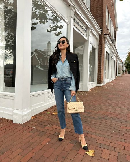 Kat Jamieson wears an easy fall outfit. Black blazer jacket with gold buttons, denim jeans, jean, chambray button down, Chanel sling back pumps, Chanel bag, fall style. 

#LTKitbag #LTKSeasonal #LTKshoecrush