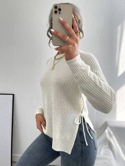 Split Knot Side Raglan Sleeve Sweater | SHEIN