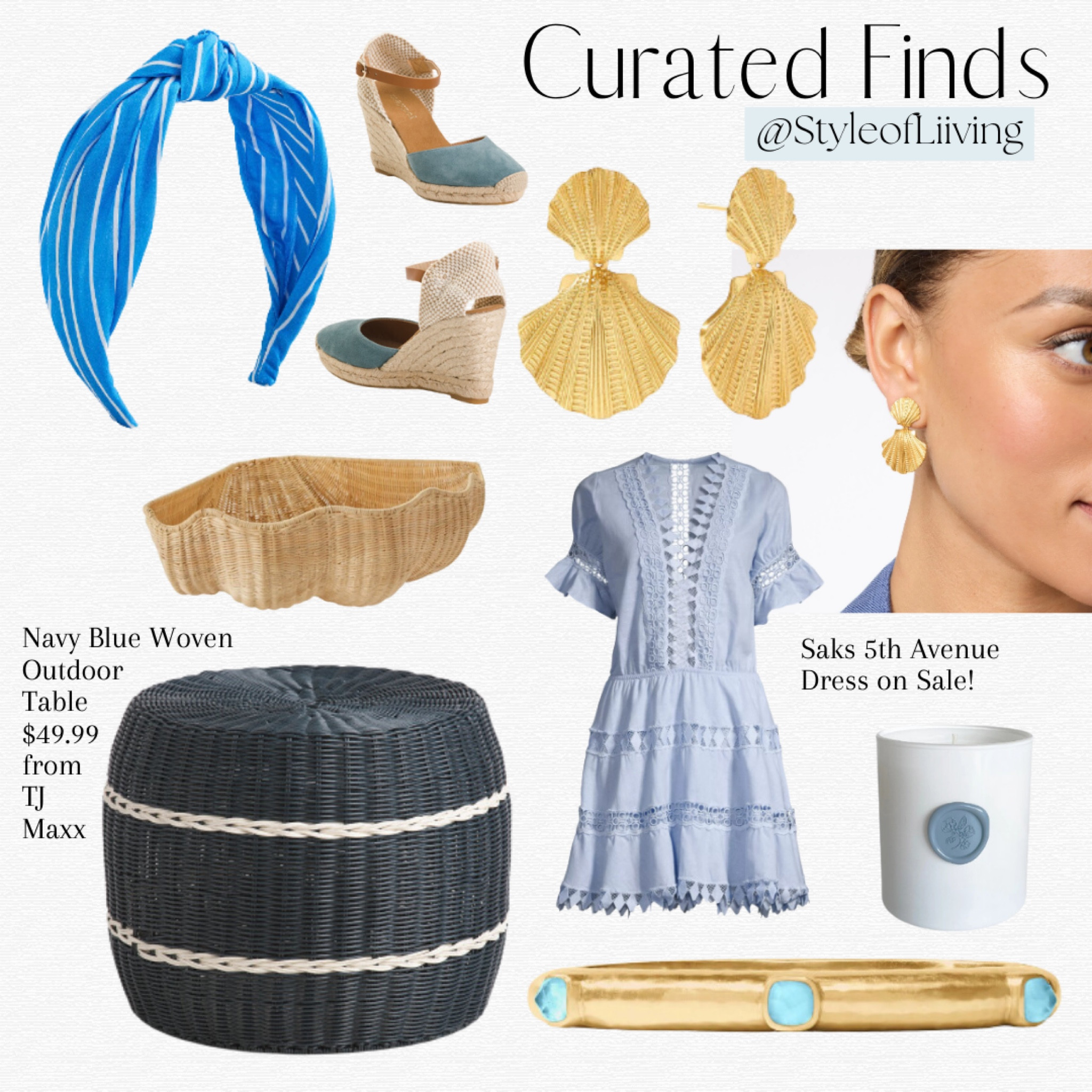 Curated finds for Spring! Seashell shaped gold earrings, baskets, bangle bracelets, candles, wedges sandals, outdoor woven table TJ Maxx, headband, blue summer dress on sale.

#LTKSeasonal #LTKsalealert #LTKstyletip