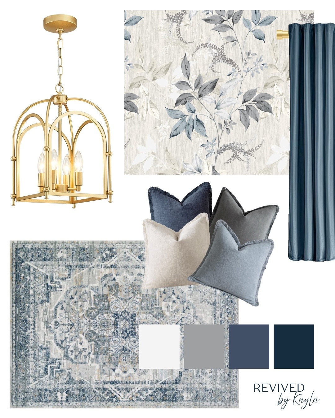 Navy blue and cream modern room design and color palette ✨ This would be a beautiful living room, bedroom, or even dining room idea! 

#homedesign #homedecor #roomdesign #roomdecor #homeinspo #moodboard #navyblue #modern Gold light fixture, blue floral wallpaper, blue curtains, blue and cream rug, fringe throw pillows 

#LTKFindsUnder100 #LTKFindsUnder50 #LTKHome
