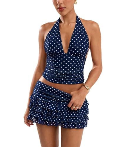 Women Polka Dot Outfits 2 Piece Skirt Sets Vintage Halter V-Neck Top and Ruffle Layered Mini Skirt Summer Y2k Outfits | Amazon (US)