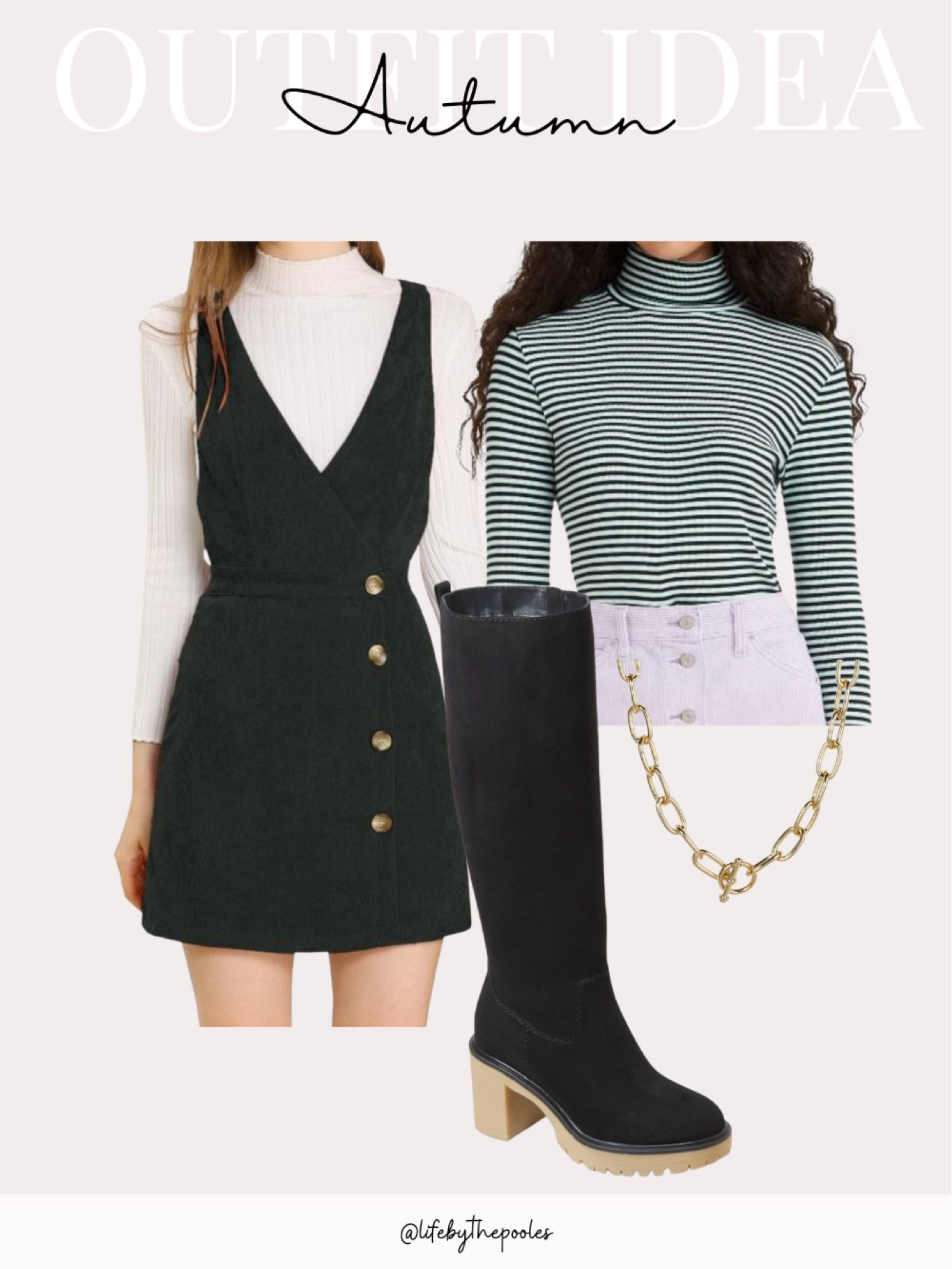 Fall outfit idea, autumn outfit inspo, black dress, striped sweater, knee high boots, black fall boots, gold jewelry, 

#LTKshoecrush #LTKstyletip #LTKSeasonal