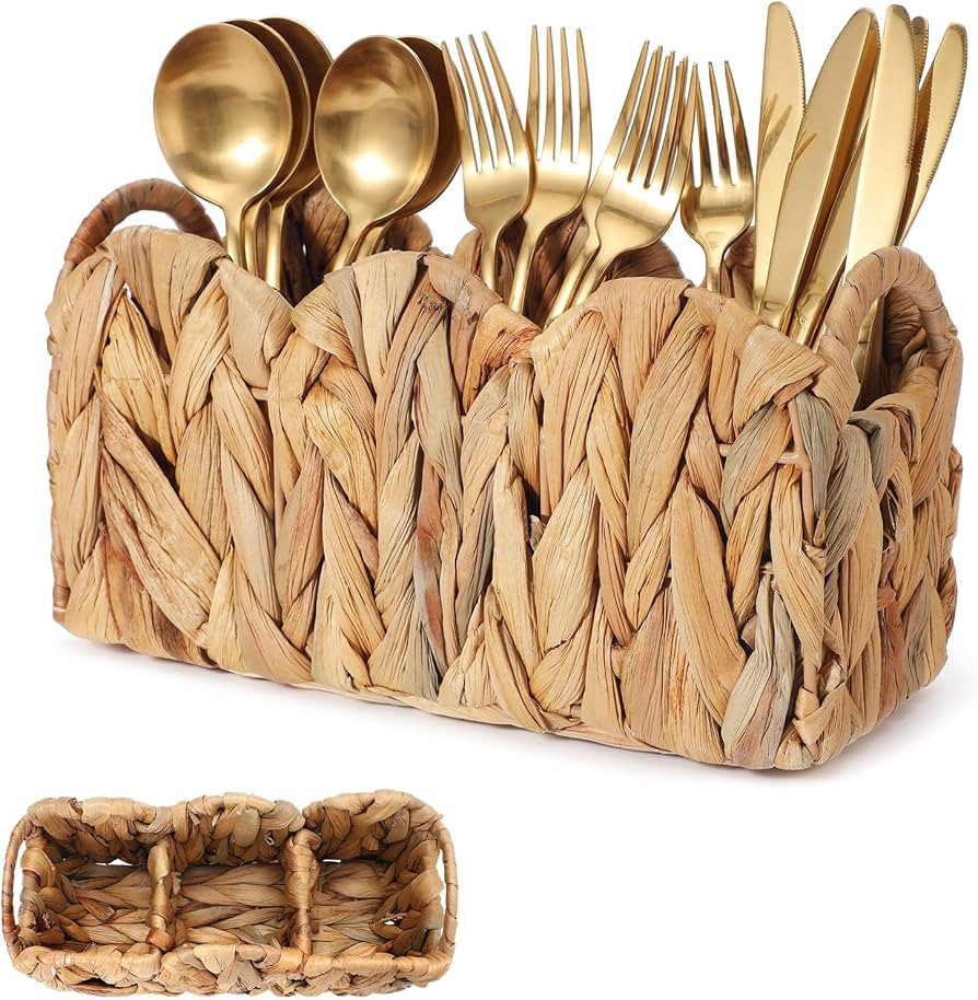 Ferrochef Scalloped Small Water Hyacinth Basket Caddy Party Cutlery Utensil Holder Hand Woven Rattan Basket Divided Cutlery Holder with Handles Kitchen Countertop Picnic Flatware Organizer for Shelves | Amazon (US)