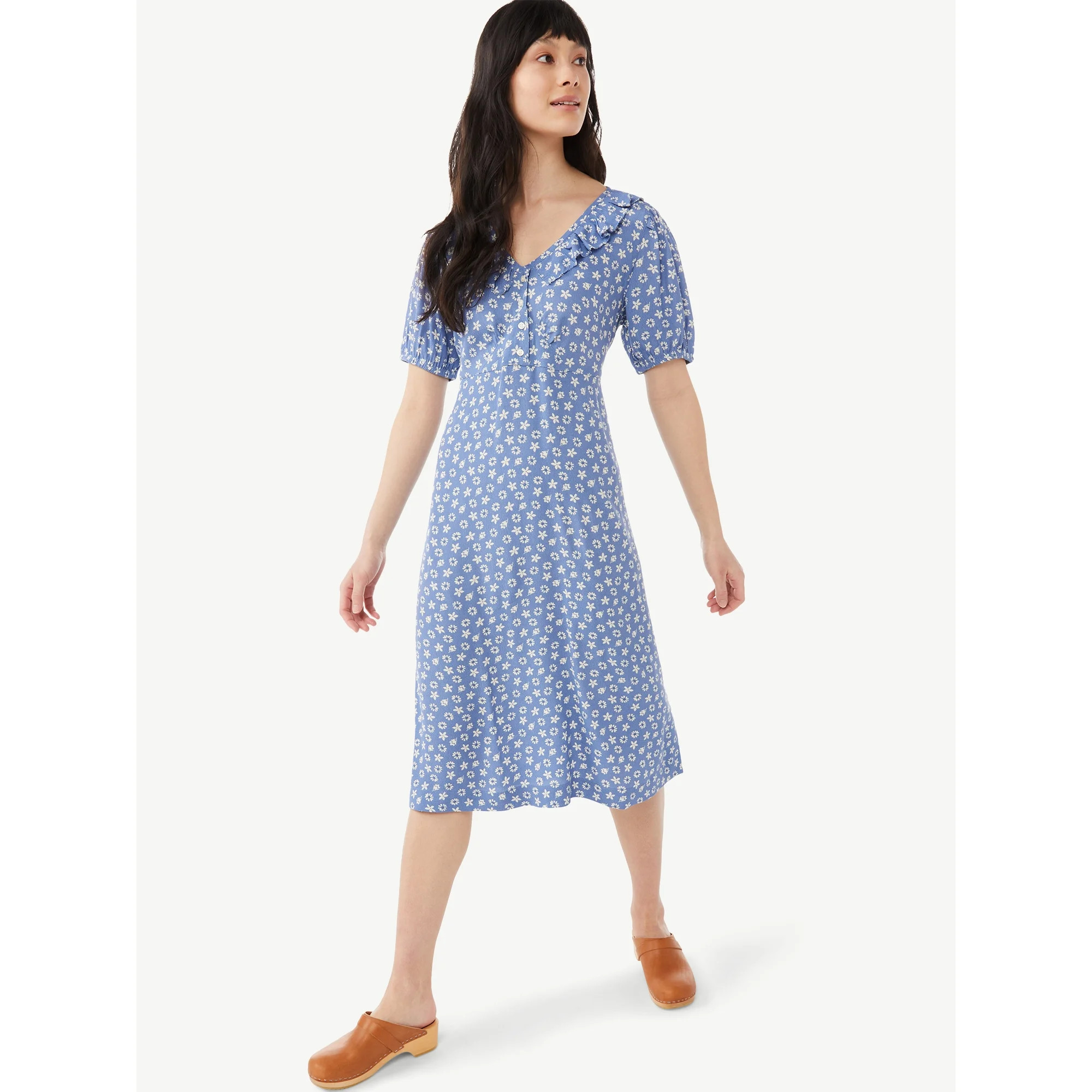 Free Assembly Women’s Ruffle V-Neck Dress with Short Sleeves | Walmart (US)