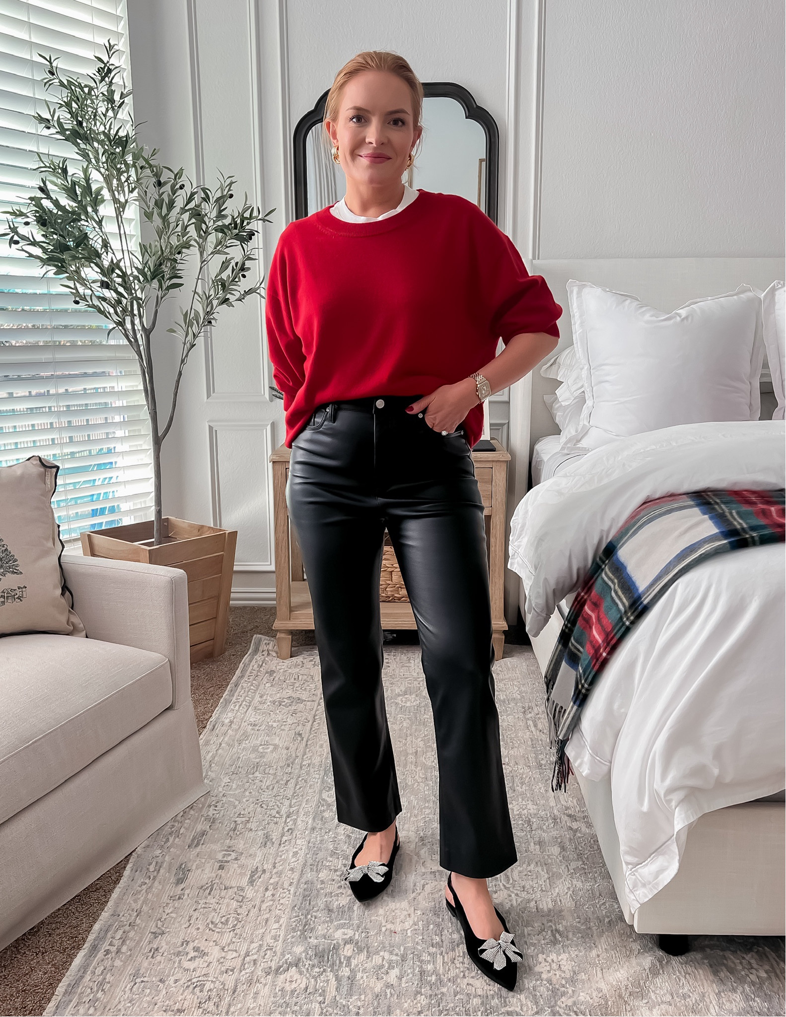 The perfect way to dress a little festive without having to put on a dress! I love these leather pants pairs with a red sweater and a fun shoe. ✨

#LTKSeasonal #LTKHoliday #LTKStyleTip