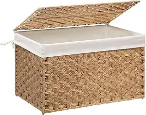 Wicker Storage Basket with Lid, 27.7 Gallon (105L) Large Blanket Basket with Lid, Woven Storage B... | Amazon (US)