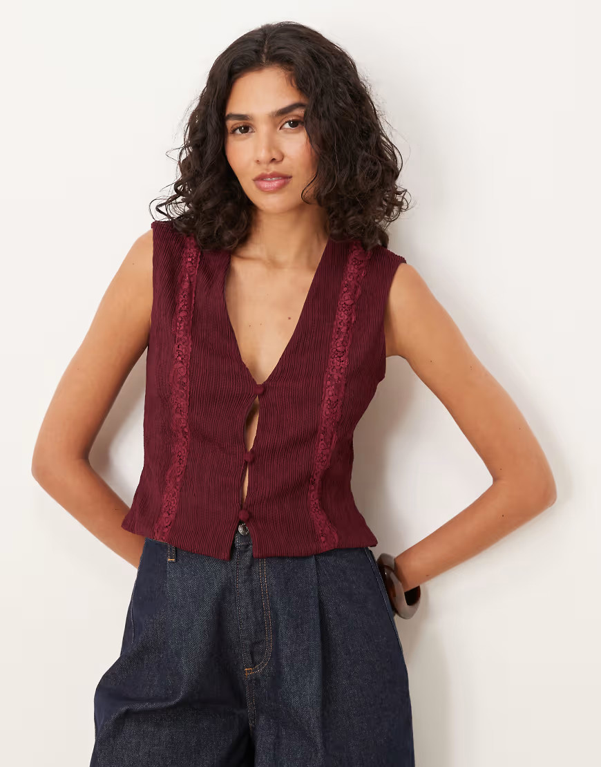 ASOS DESIGN ripple pleat lace trim vest in burgundy-Red | ASOS (Global)