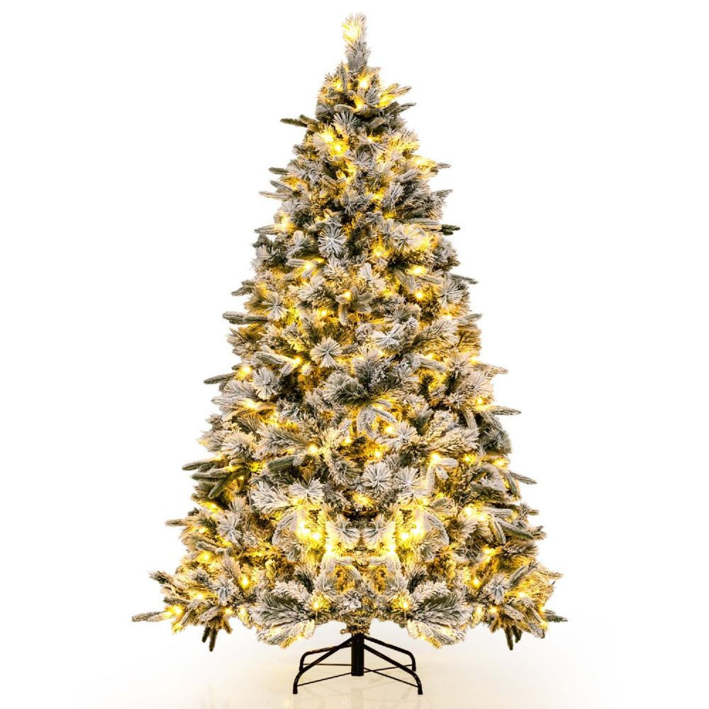 Costway 7 FT Pre-Lit Flocked Christmas Tree Hinged Xmas Decoration with 300 LED Lights None | Oriental Trading Company