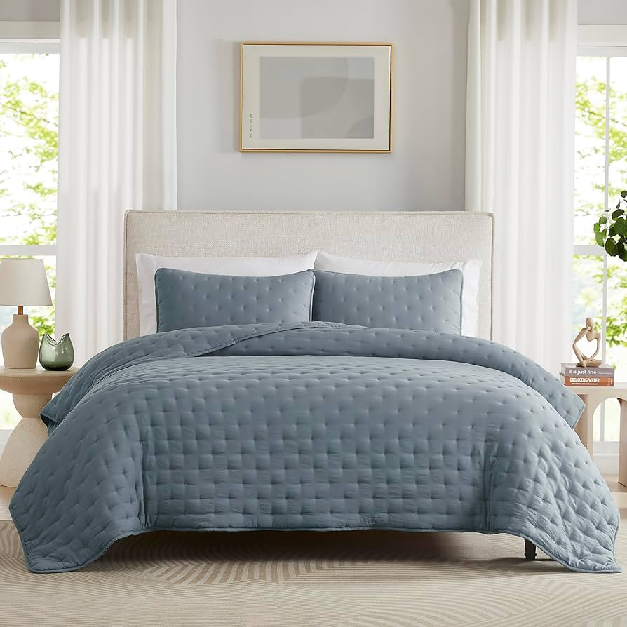WDCOZY Dusty Blue Cloud Twin Size Quilt Set, Tan Lightweight Farmhouse Bedspread, Rustic Country ... | Amazon (US)
