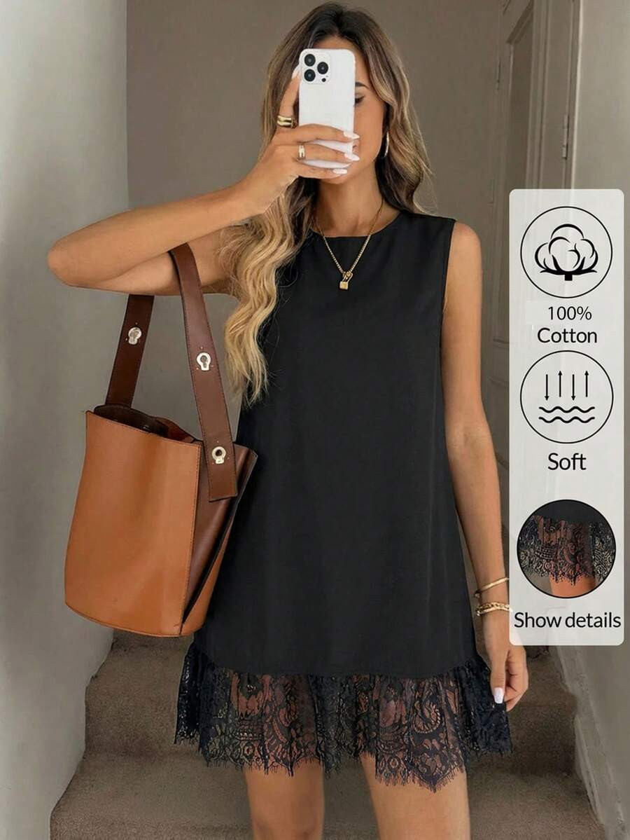 Easowa Women's Black Cotton Crew Neck Sleeveless Lace Hem Mini Dress,Soft Casual Summer Shift Dre... | SHEIN