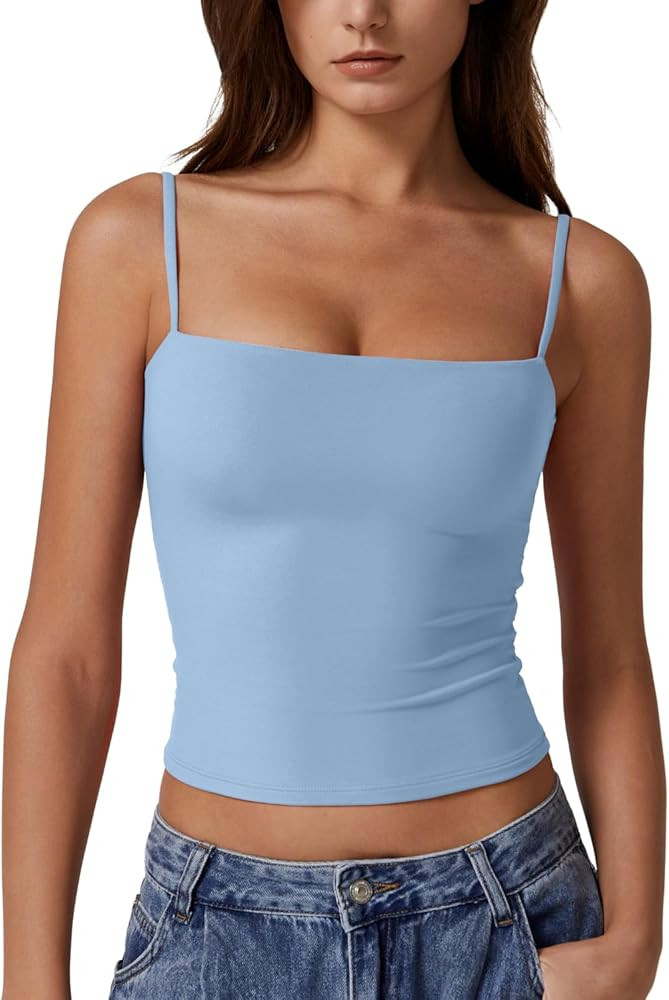 QINSEN Women's Double Lined Basic Tank Top Adjustable Spaghetti Straps Sleeveless Camisole Shirts | Amazon (US)