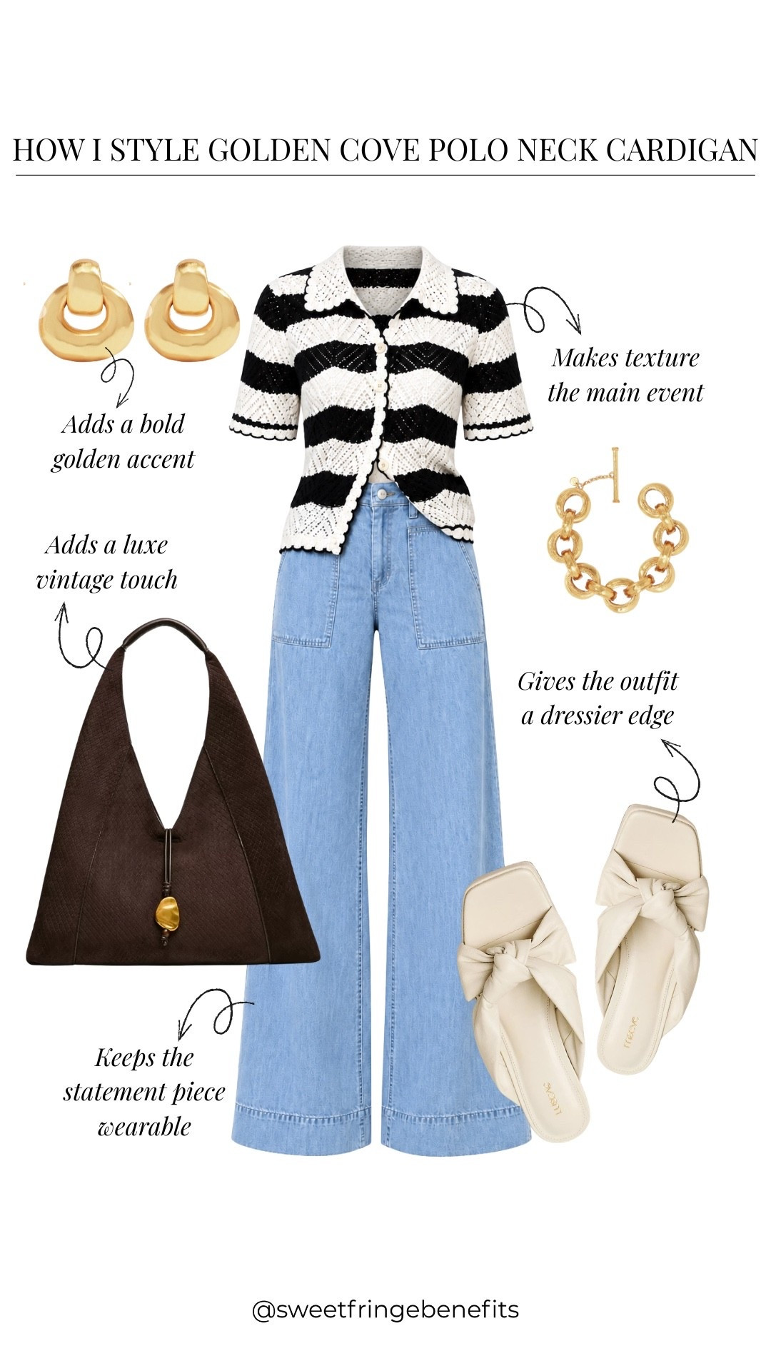 I do like a cardigan with a little personality! The black and white stripes and textured knit make this one fun, especially with a simple pair of wide-leg jeans.