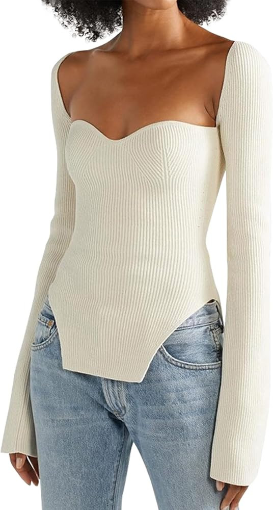 ACOSAP Women's Square Neck Ribbed Knitted Sweater Long Sleeve Crop Slim Fitted Basic Pullover Top... | Amazon (US)