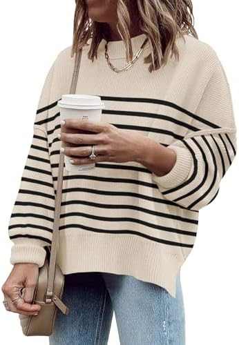 Women's Oversized Crewneck Sweaters Batwing Long Sleeve Side Slit Ribbed Knit Pullover Sweater To... | Amazon (US)