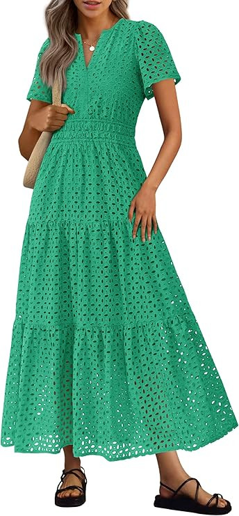 PRETTYGARDEN Womens 2026 Summer Maxi Dress Short Sleeve V Neck Hollow Out Eyelet A Line Long Flow... | Amazon (US)