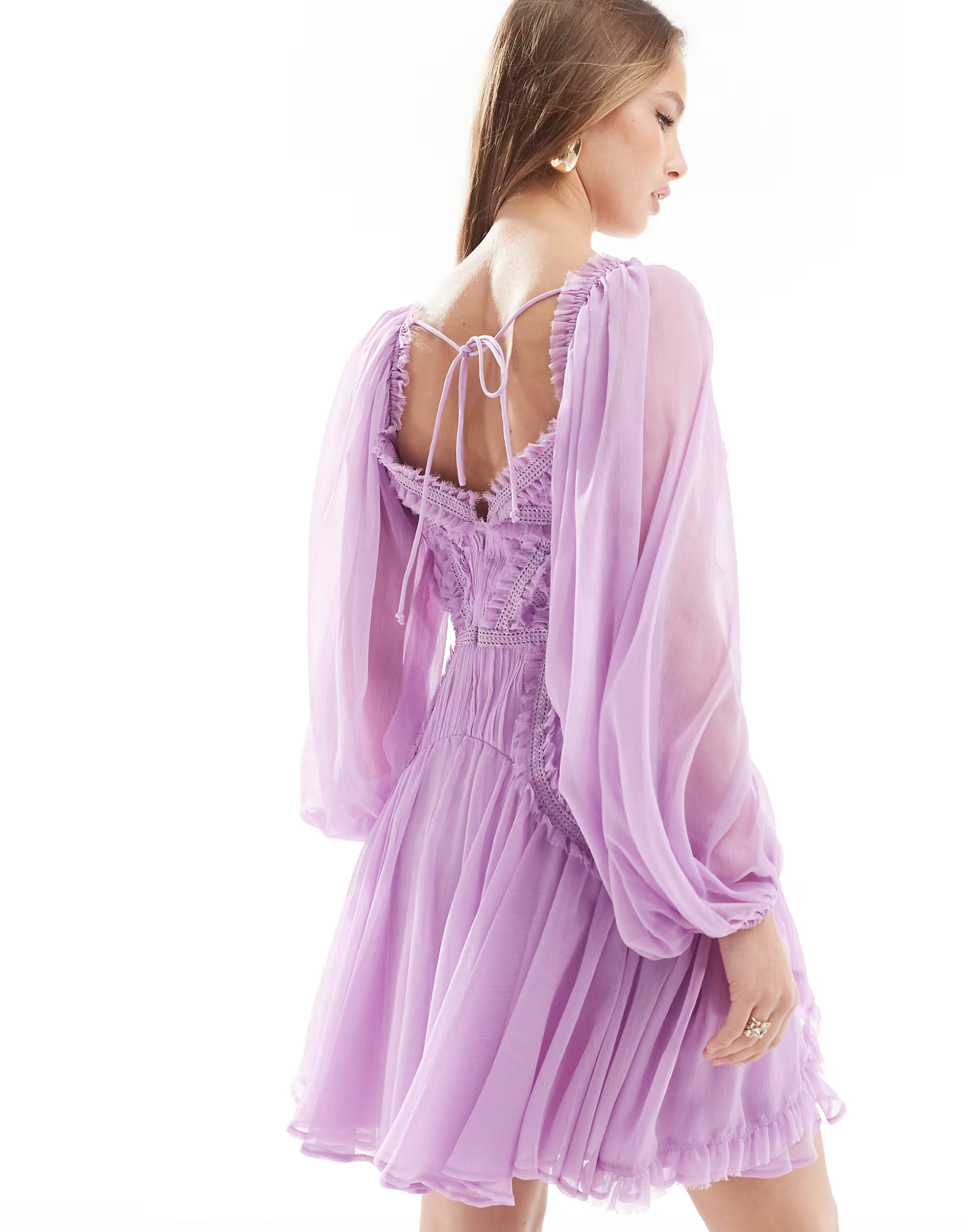 ASOS DESIGN long sleeve shirred corset mini dress with cut out in lilac | ASOS (Global)