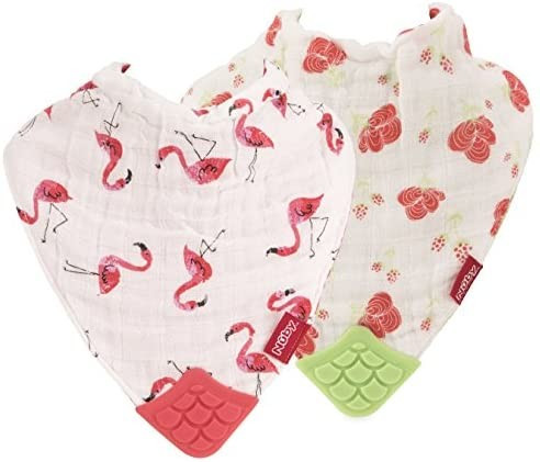 Nuby 2 Piece Reversible 100% Natural Cotton Muslin Teething Bib, Flamingo/Flowers, Pink/Green | Amazon (US)