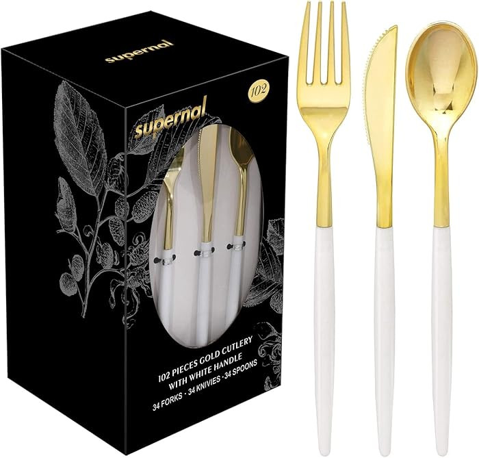 Supernal 102pcs Gold Plastic Cutlery, Durable Plastic silverware,Disposable Cutlerty with White H... | Amazon (US)