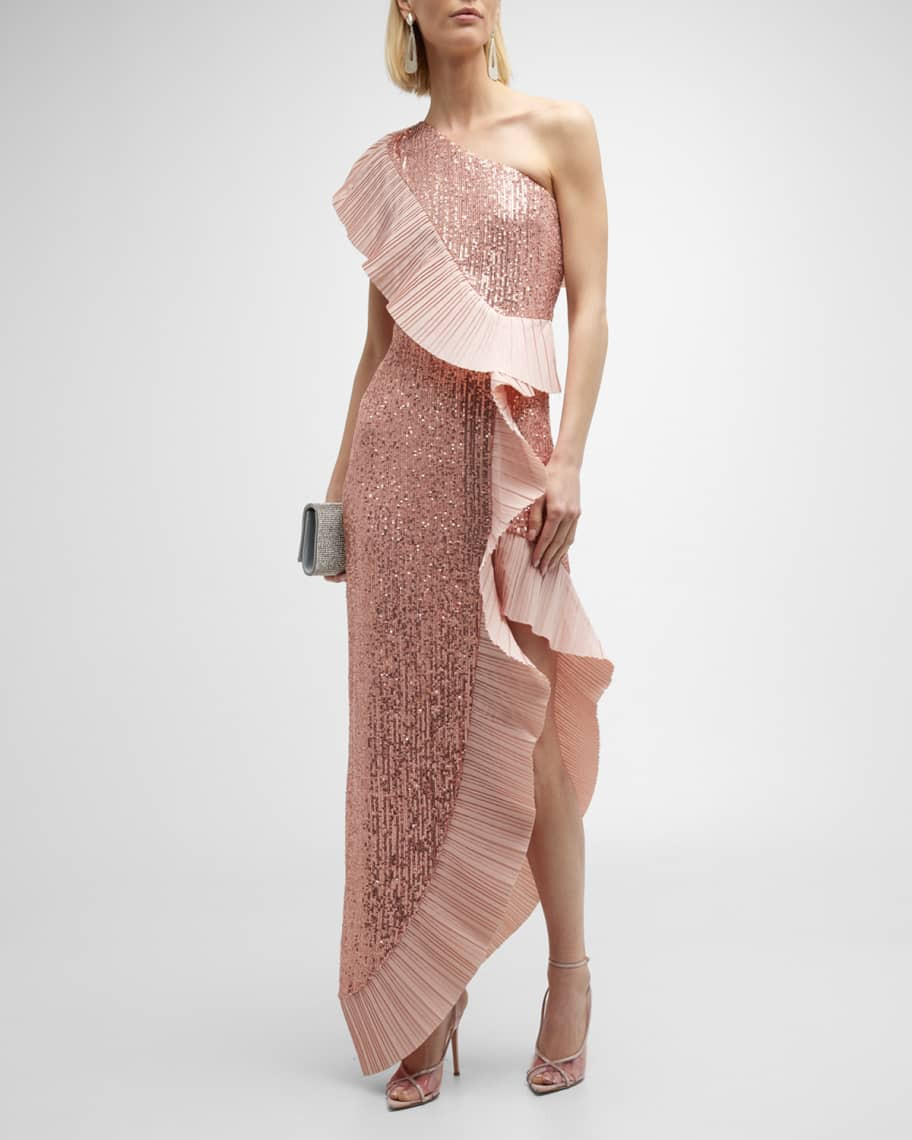 One33 Social One-Shoulder Pleated Taffeta Sequin Gown | Neiman Marcus