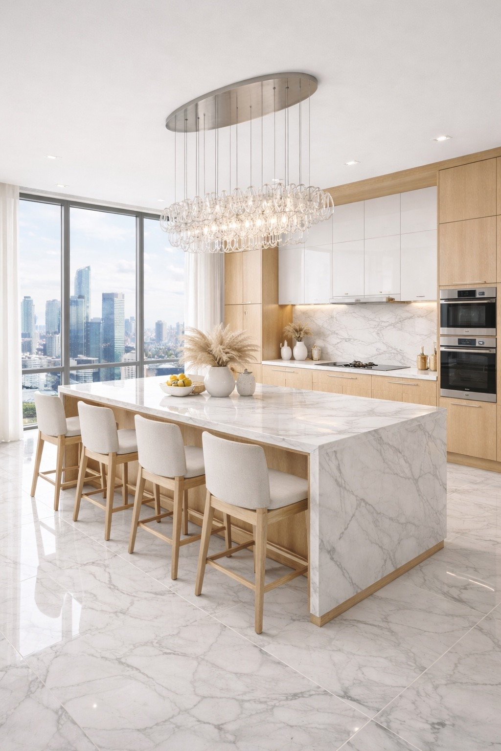 This stunning modern kitchen features a large marble waterfall island, elegant crystal chandelier and soft neutral tones that create a bright luxury atmosphere. Floor-to-ceiling windows bring natural light and city views, while warm wood cabinetry and minimalist bar stools add a refined contemporary look. Perfect inspiration for a luxury modern kitchen with timeless elegance.

#luxurykitchen
#modernkitchen
#marblekitchen
#kitcheninspo
#luxuryhome
#moderninteriordesign
#kitchendesign
#interiordesignideas
#kitchenisland
#luxuryinteriors
#modernhomeinspo
#minimalistkitchen
#homeinspiration
#dreamkitchen
#contemporarykitchen
