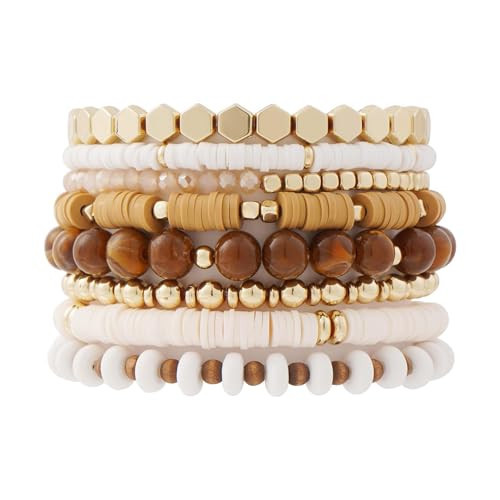 Bohemia Multilayer Stackable Crystal Beaded Bracelets Set Colorful Surfer Heishi Clay Gold Beaded Friendship Stretch Bracelets for Women Men Summer Beach Boho Vacation Jewelry Gifts (Light brown) | Amazon (US)
