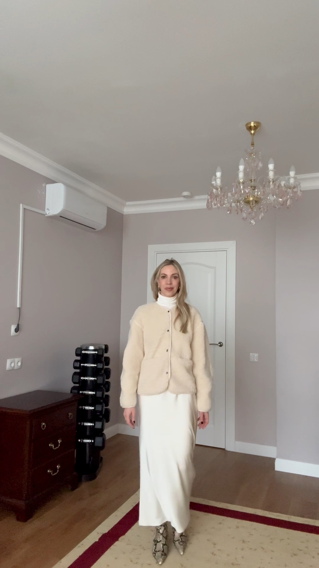 Winter workwear look, office style, cream fleece cardigan, cream satin midi skirt, snakeskin print boots, style over 40

#LTKOver40 #LTKootd #LTKWorkwear