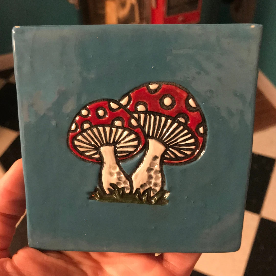Handmade 2 Toadstool / Mushrooms 4x4 Ceramic tile. Fly agaric or Amanita Muscaria Fungus. Hand Pa... | Etsy (US)
