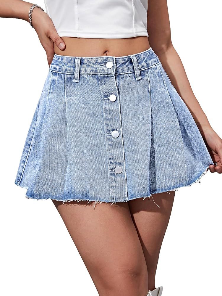 SOLY HUX Women's Button Front Raw Hem Denim Skirt High Waisted A Line Mini Jean Skirt | Amazon (US)