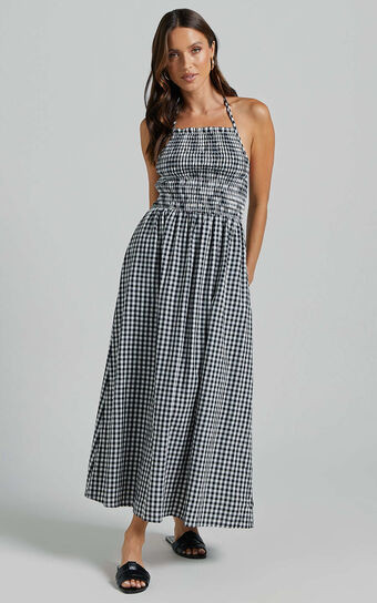 Aimie Midi Dress - Strappy Halter Neck Shirred Top in White Check | Showpo (US, UK & Europe)