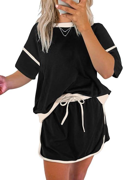 EVALESS Women's 2 Piece Sets Summer Casual Short Sleeve Tops Matching Drawstring Mini Skirt Going... | Amazon (US)