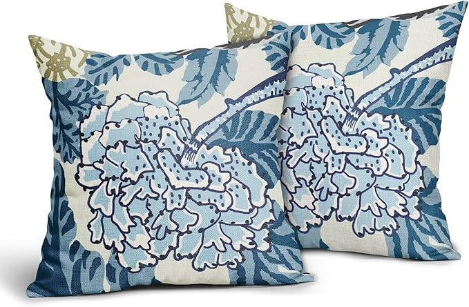 Navy Blue Floral Pillow Covers 18x18 Inch Blue & White Leaf Throw Pillowcase Linen Square Decor S... | Amazon (US)