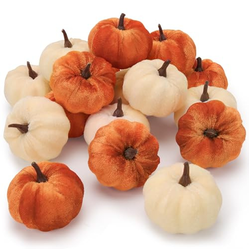 Folmywy 16 Pcs Faux Velvet Pumpkins Small Artificial Fall Harvest Pumpkin Decoration Fake Foam Fabric Pumpkins for Thanksgiving Halloween Wreath Vase Filler Farmhouse Table Centerpieces Autumn Decor | Amazon (US)